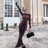 Fashion Printed Lady Backless Round Neck Long Sleeves Slim Long Dress BLG-D2B10936A