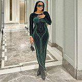 Fashion Printed Lady Backless Round Neck Long Sleeves Slim Long Dress BLG-D2B10936A