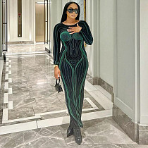 Fashion Printed Lady Backless Round Neck Long Sleeves Slim Long Dress BLG-D2B10936A