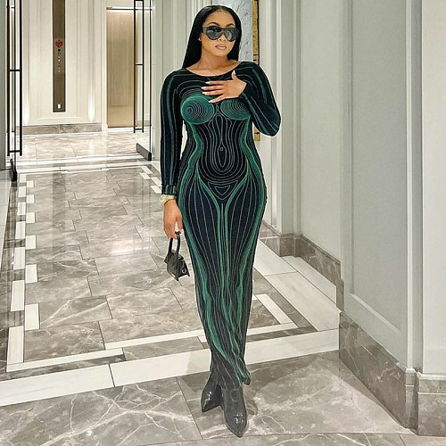 Fashion Printed Lady Backless Round Neck Long Sleeves Slim Long Dress BLG-D2B10936A