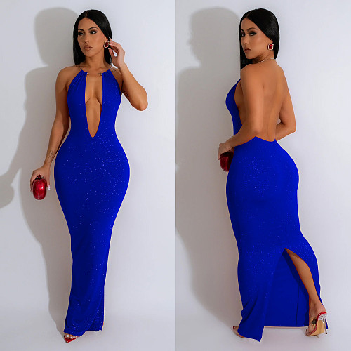 2024 Sexy Lady Backless Halter Hollow Out Bodycon Long Club Dress BY-6831