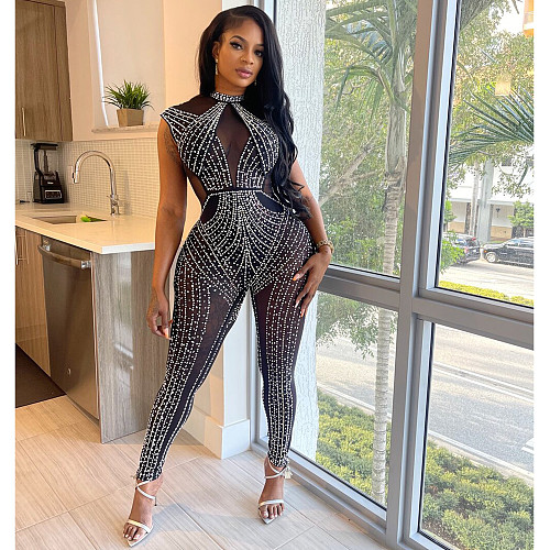 Sexy Mesh Hot Drilling Women Sleeveless Black Long Jumpsuit BY-6781