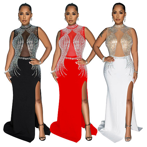 2024 Fashion Lady Mesh Hot Drilling Sleeveless Split Long Club Dress BY-6860