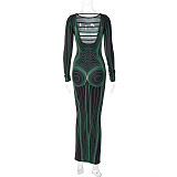 Fashion Printed Lady Backless Round Neck Long Sleeves Slim Long Dress BLG-D2B10936A