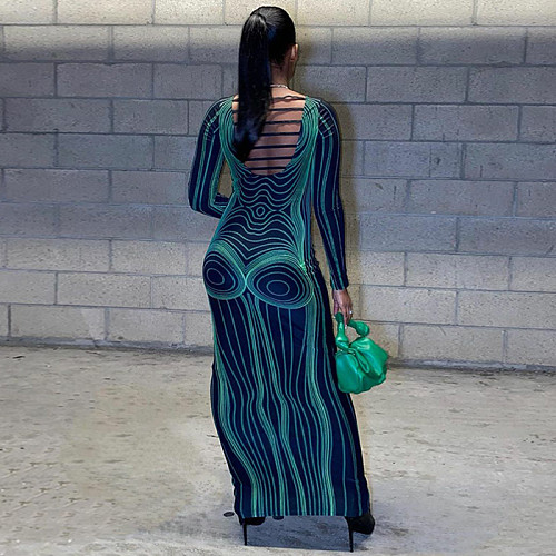 Fashion Printed Lady Backless Round Neck Long Sleeves Slim Long Dress BLG-D2B10936A