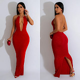 2024 Sexy Lady Backless Halter Hollow Out Bodycon Long Club Dress BY-6831