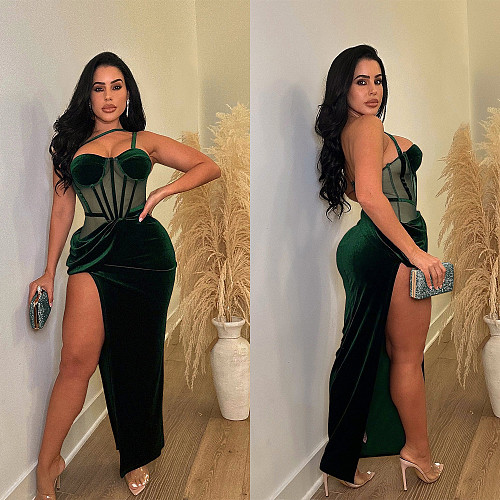 2024 Hot Sexy Ladies Straps Halter Backless Transparent Mesh Split Maxi Dress BY-6732