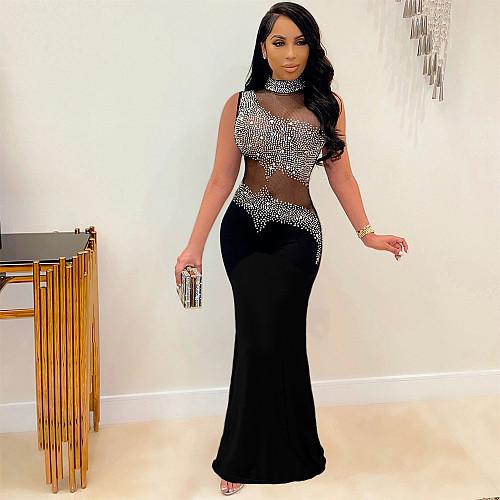 See Through Rhinestones Bodycon Maxi Dress Women Evening Wedding Party SH-S390246
