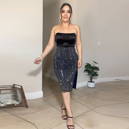 2024 Sexy Strapless Black Tops And Hot Drilliing Split Midi Skirt 2 Pieces Sets NY-2930