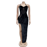 2024 Hot Sexy Ladies Straps Halter Backless Transparent Mesh Split Maxi Dress BY-6732