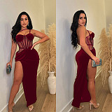 2024 Hot Sexy Ladies Straps Halter Backless Transparent Mesh Split Maxi Dress BY-6732