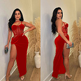 2024 Hot Sexy Ladies Straps Halter Backless Transparent Mesh Split Maxi Dress BY-6732