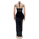 2024 Hot Sexy Ladies Straps Halter Backless Transparent Mesh Split Maxi Dress BY-6732