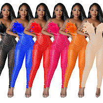 2024 Sexy Strapless Backless Hot Drilling Feather Bodycon Jumpsuit BY-6735