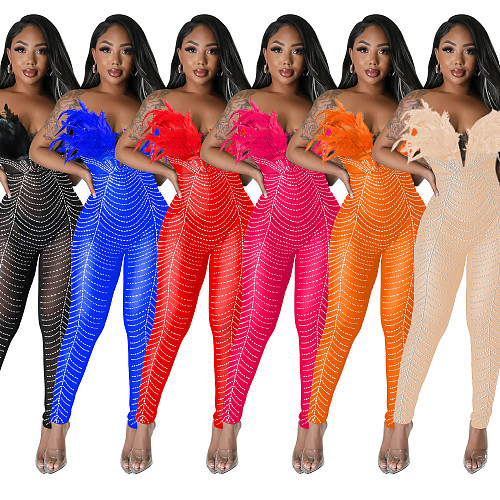 2024 Sexy Strapless Backless Hot Drilling Feather Bodycon Jumpsuit BY-6735
