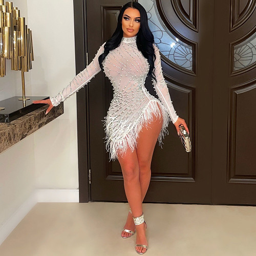 2024 Sexy Lady Hot Drilling Feather Mesh Mini Club Dress AIL-230