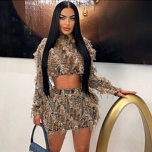 Tassel Thin Crop Tops+Skinny Skirts Matching 2 Piece Set RS-K23S38918