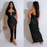 Sexy Strapless Backless Sequin Ladies Split Party Maxi Dress BY-6782
