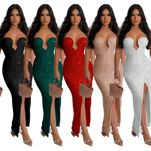 Sexy Strapless Backless Sequin Ladies Split Party Maxi Dress BY-6782