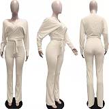 2 Piece Set Solid Long Sleeve Crop Top High Waist Pants Matching Set YUN-8029