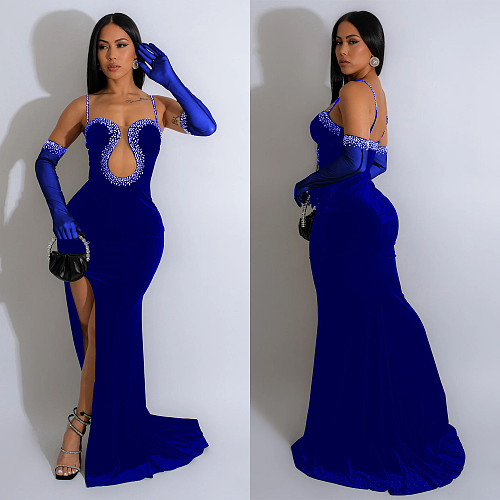 2024 Sexy Strapless Backless Hot Drilling Straps Split Long Party Dress BY-6786