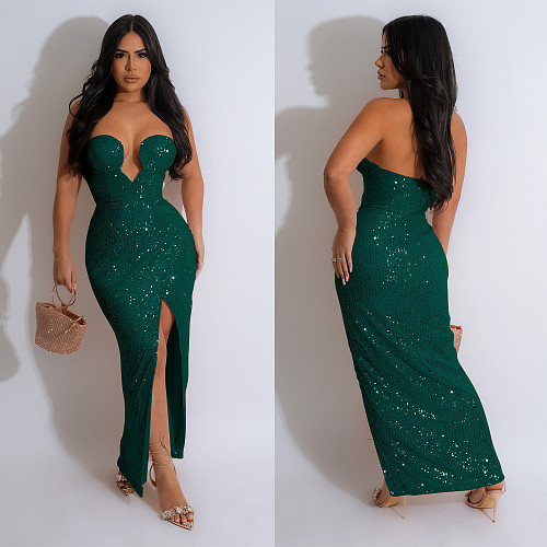 Sexy Strapless Backless Sequin Ladies Split Party Maxi Dress BY-6782