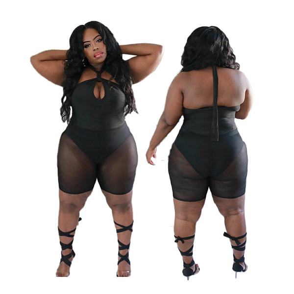 Plus Size Halter Backless Bodysuit+Mesh Shorts Set GT-9981