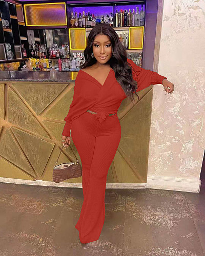 2 Piece Set Solid Long Sleeve Crop Top High Waist Pants Matching Set YUN-8029