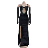 2024 Sexy Strapless Backless Hot Drilling Straps Split Long Party Dress BY-6786