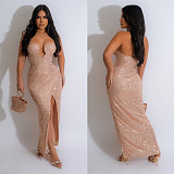 Sexy Strapless Backless Sequin Ladies Split Party Maxi Dress BY-6782