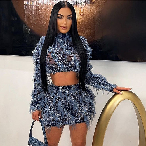Tassel Thin Crop Tops+Skinny Skirts Matching 2 Piece Set RS-K23S38918