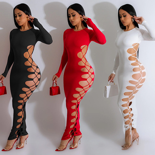 2024 Sexy Hollow-out Lace-up Lady Slim Long Dresses BY-6793