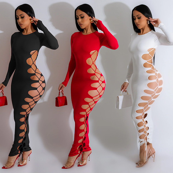 2024 Sexy Hollow-out Lace-up Lady Slim Long Dresses BY-6793