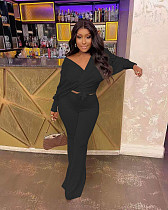2 Piece Set Solid Long Sleeve Crop Top High Waist Pants Matching Set YUN-8029