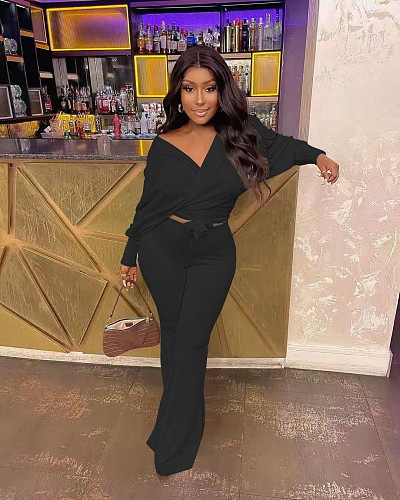 2 Piece Set Solid Long Sleeve Crop Top High Waist Pants Matching Set YUN-8029