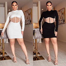 Ladies Diamond Strip Splicing Long Sleeve Mini Dress NY-3107