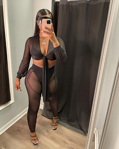 Sexy Solid Color Mesh See Through Long Sleeve V Neck Tie Front Crop Top Women Two Piece Pants Set NIYA-8079