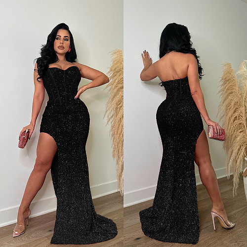 2024 Sexy Women Strapless Backless Sequin Split Nightclub Long Dresses BY-6792