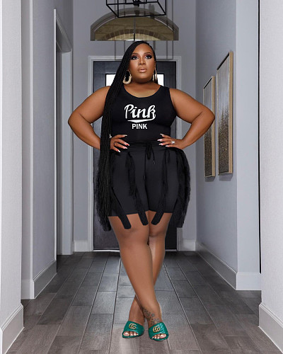 Women PINK Letter Printed Tassel Plus Size Black Shorts Sets WA-775332