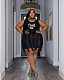 Women PINK Letter Printed Tassel Plus Size Black Shorts Sets WA-775332