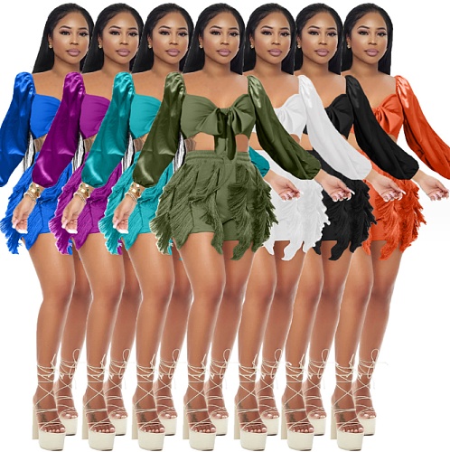 Bowknot Crop Top and Tassel Shorts Matching Set MDF-5331