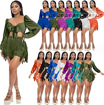 Bowknot Crop Top and Tassel Shorts Matching Set MDF-5331