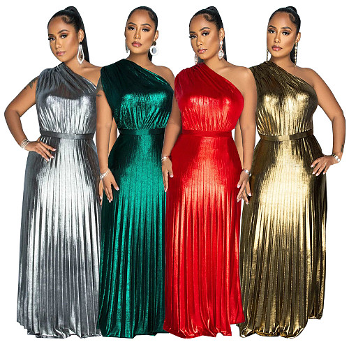2024 Stylish Ladies Sloping Neck Sleeveless Pinched Long Dresses YF-10693