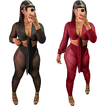 Sexy Solid Color Mesh See Through Long Sleeve V Neck Tie Front Crop Top Women Two Piece Pants Set NIYA-8079