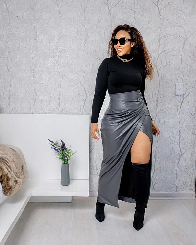 2024 Fashion Women PU Leather Irregular Split Long Skirt OD-8618