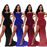 2024 Sexy Women Strapless Backless Sequin Split Nightclub Long Dresses BY-6792