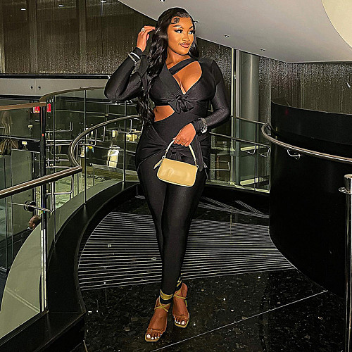 Women Tight-fitting Long Sleeved Bow-tie Black Jumpsuits MXXB-K23JP494