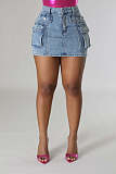 Fashion Women Slim Package Hips Pockets Denim Mini Skirt LX-3555