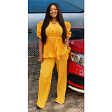 Ladies Solid Color Puffed Sleeves Ruffles Casual Large Size Sets NNWY-7037