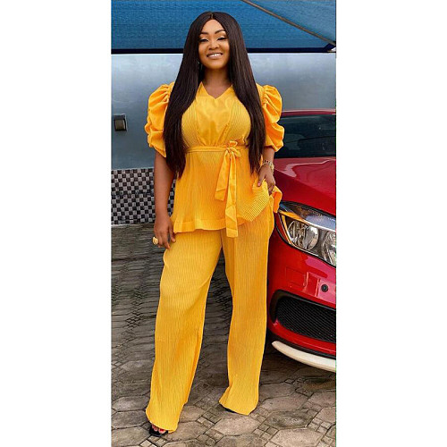 Ladies Solid Color Puffed Sleeves Ruffles Casual Large Size Sets NNWY-7037
